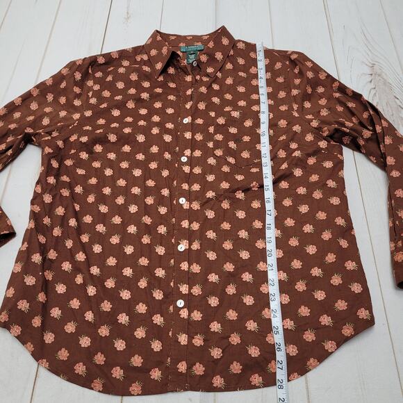 Vintage Lauren Raph Lauren brown rose floral button down top long sleeve boho - Picture 2 of 7